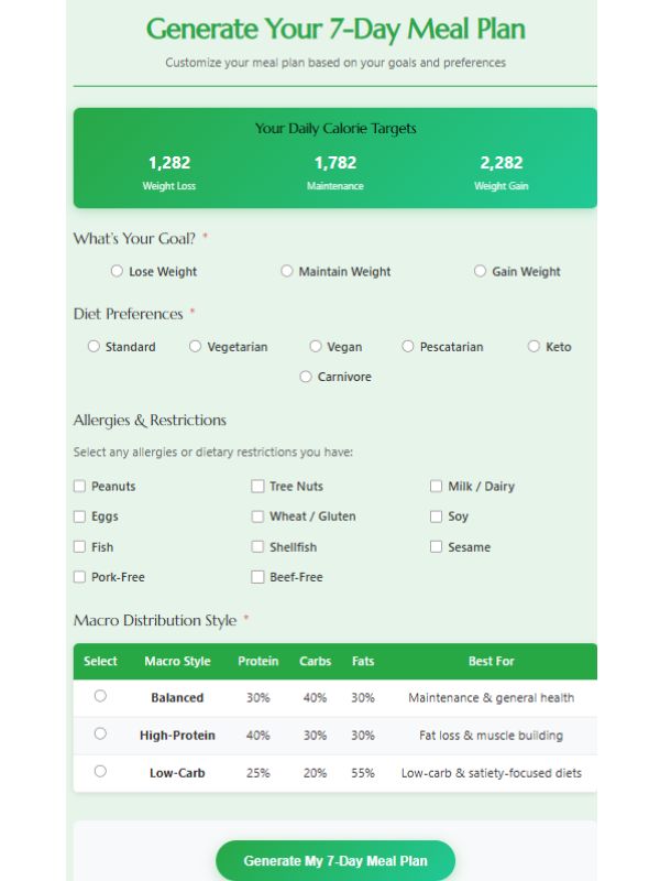 Meal Plan Customization Form